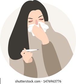 Girl with flu vector illustration. Flat female character - dark haired woman sick of seasonal flu, holding thermometer and napkin. Epidemic, illness, disease, sickness, cold season concept.