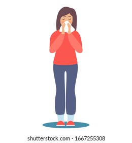 Girl with flu vector illustration. Flat female character sick of seasonal flu. Woman with blows her nose in handkerchief. Epidemic, illness, disease, sickness, cold season concept