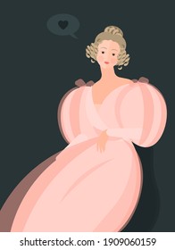 A girl in a fluffy 18-19 century pink dress with large sleeves. Cute curls on the head. Noble portrait. Bubble with a heart. Colorful vector illustration in flat cartoon style.