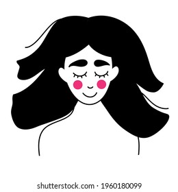 A girl with fluffy black hair and a red blush. Portrait of a girl with closed eyes. Black and white drawing. Vector, clipart.