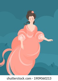 A girl in a fluffy coral dress of the 18-19th century soars in the air. Hair is developing. Cute portrait. Colorful vector illustration in flat cartoon style.