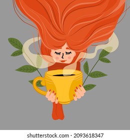 girl with fluffy hair holding a big coffee cup, smoke rising. morning coffee illustration, start the day illustration.