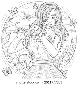 
Girl with flute and butterflies.Coloring book antistress for children and adults. Illustration isolated on white background.Zen-tangle style.