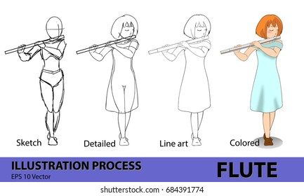 girl flute musician drawing process step from sketch, detailed, line art and colored, vector illustration