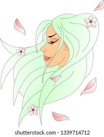 girl with fluttering hair, in a gust of wind, among petals, on a white background
