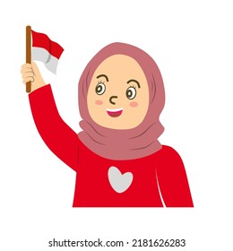 a girl fluttering the indonesian flag
