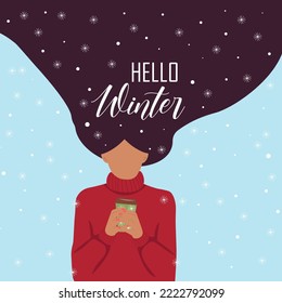 Fille aux cheveux longs et éclatants, tasse de boisson chaude à la main et flocons de neige.Caractère hivernal à plat pour le design hivernal, affiches, cartes à imprimer.Illustration vectorielle