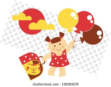 girl fly aÂ?Â? vector illustration, small girl flying on balloons