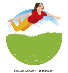 Girl flying above the ground. The Girl Is Flying. Girl soars in the sky. Isolated vector illustration on white background