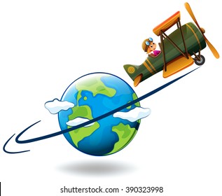 Girl flying aeroplane around the world illustration
