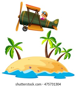 Girl flying airplane over the island illustration