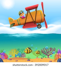 Girl flying airplane over the ocean illustration
