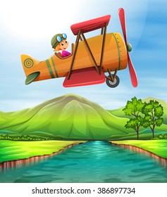 Girl flying airplane over the river illustration