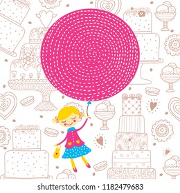 Girl flying in a balloon. Cute illustration with a girl and sweets.