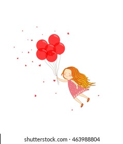 Girl flying with balloons, birthday card, vector illustration