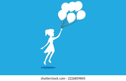 girl flying with balloons with blue background. world children's rights day vector.