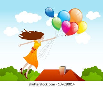 Girl flying with balloons. Vector background