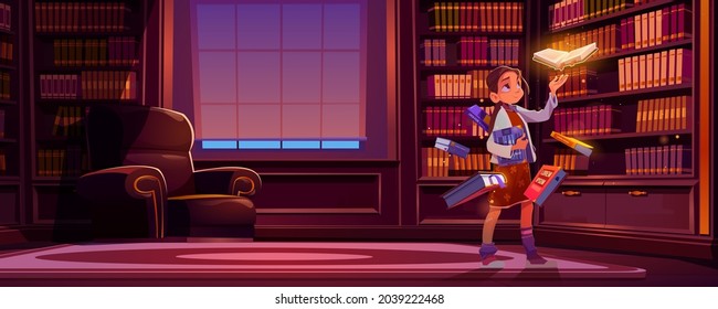 Girl with flying books with magic glow in library at night. Vector cartoon illustration of luxury library interior at home, school or shop with bookcases, armchair and child