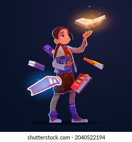 Girl with flying books with magic glow and sparkles. Vector cartoon fantasy illustration of happy child character and books with mystic shine isolated on dark background