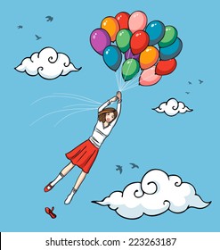 Girl Flying Carried By Multicolored Balloons