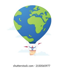 A girl is flying in the clouds in a balloon. Balloon in the shape of the earth. Vector illustration. Isolated.