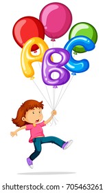 Girl flying with colorful balloons illustration