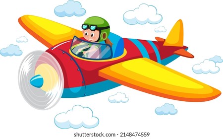 Girl flying cute airplane in the sky illustration