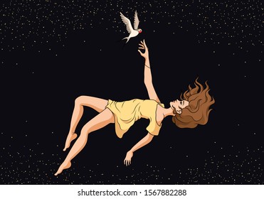 Girl flying down with a bird. Levitation, fall, starry sky, space. Vector illustration