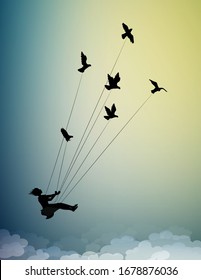 girl is flying and holding pigeons, fly in the dream up to the sky,  childhood memories, silhouette shadows story.