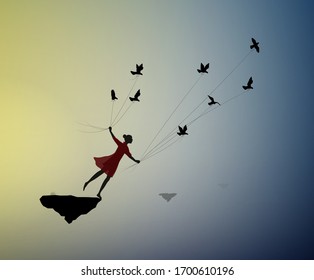 Girl Is Flying And Holding Pigeons, Fly In The Dream, Shadows, Life On Flying Rock, Silhouette.