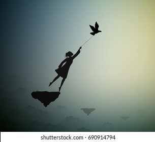 girl is flying and holding pigeons, fly in the dream above the clouds, shadows, life on flying rock, silhouette.