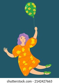 girl is flying in a hot air balloon. bright vector illustration