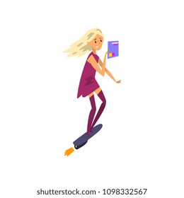 Girl flying with jet skateboard, technology of the future concept vector Illustration isolated on a white background