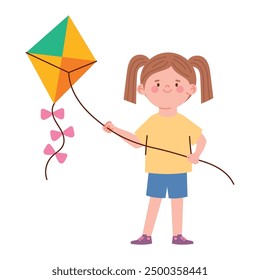 girl flying kite cartoon isolated