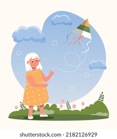 Girl with flying kite. Children plays outside, rest after school and active lifestyle, entertainment and daytime activities. Character playing in city or town park. Cartoon flat vector illustration