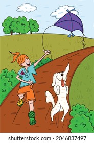 
Girl flying a kite with her dog in the park. Happy kid and dog. Excited dog.