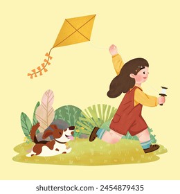 Girl is flying kite and puppy is chasing