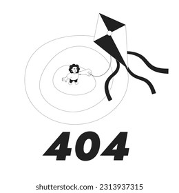 Vector de cometa volador con ilustración de estado vacío. No se encontró la página editable 404 para UX, diseño de interfaz de usuario. Mujer de pie en picnic aislado de carácter monocromático plano sobre blanco. Mensaje flash de error