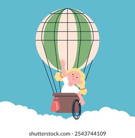 Chica volando en globo en el cielo nublado. Niño soñando, viaje niño en transporte Aéreas. Transporte, metáfora onírica. Escena de Vector de juego infantil