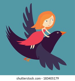 girl flying on bird