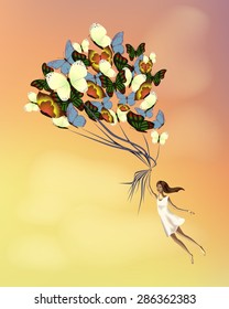 Girl flying on butterflies.