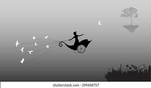 girl is flying on fairy carriage and holding flock of pigeons, fly in the dream land, loose dove, life on flying rock, silhouette.