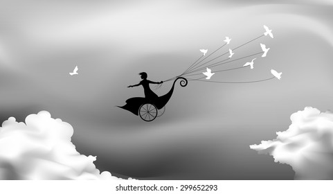 girl is flying on fairy carriage and holding flock of pigeons, fly in the dream land above the clouds, loose dove, silhouette.