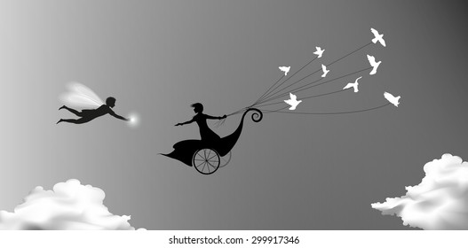 girl is flying on fairy carriage and holding flock of pigeons, wait for me, scene on heavens, take the star, silhouette.