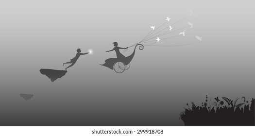 girl is flying on fairy carriage and boy with lantern, fly in the dream land, loose dove, life on flying rock, silhouette.