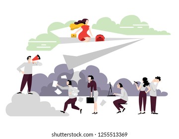 Girl flying on a paper airplane. Office work vs self sufficiency. Concept for vacation or freelance theme. Flat style vector illustration
