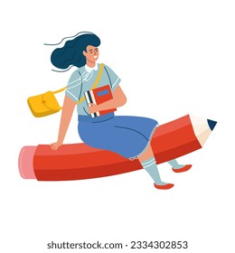 Girl flying on pencil vector illustration. Back to school. Flat vector illustration.