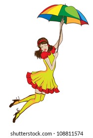 Girl flying on umbrella