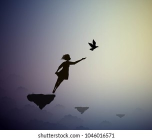 girl flying with pigeon, fly in the dream above the clouds, shadows, life on flying rock, silhouette.