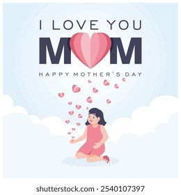 Girl with flying pink paper heart. Love symbol on cloud background. Mother's Day concept. Flat vector illustration.